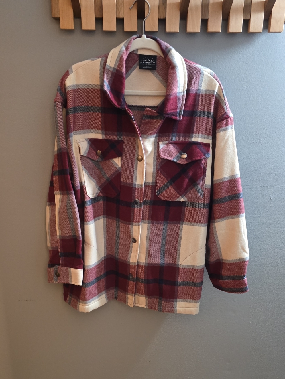 Plaid Lightweight Shacket Jacket in Burgundy & Cream